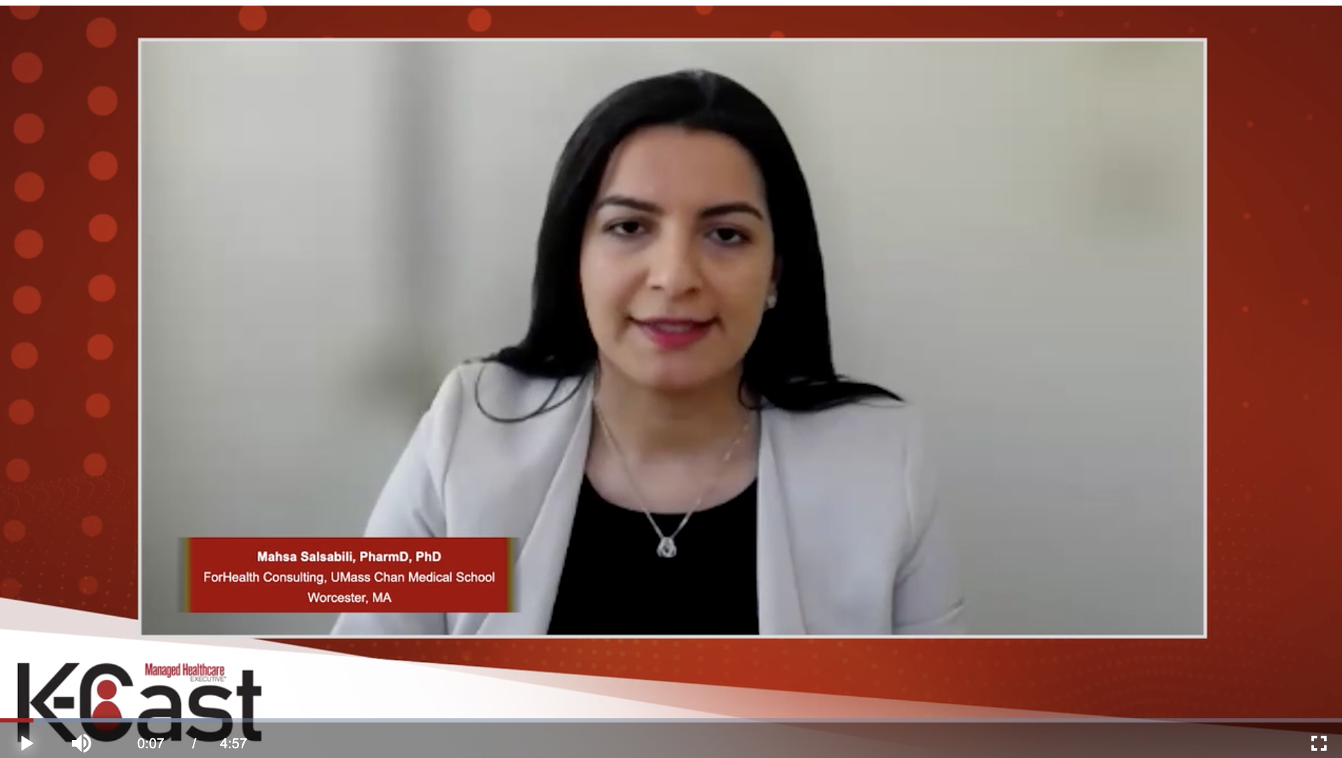 Mahsa Salsabili, PharmD, PhD, lead pharmacoeconomics specialist at ForHealth Consulting at UMass Chan Medical School, on the Managed Healthcare Executive K-Cast, discussing “Advancing Healthcare with Prescription Therapeutics.”